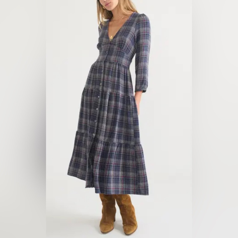 Marine Layer Maeve Navy Plaid Long Sleeve Dress NWOT